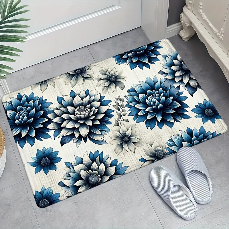 

1 шт. синий придверный коврик с узором «Георгина», полиэстер, можно стирать в машине, подходит для украшения спальни и гостиной.