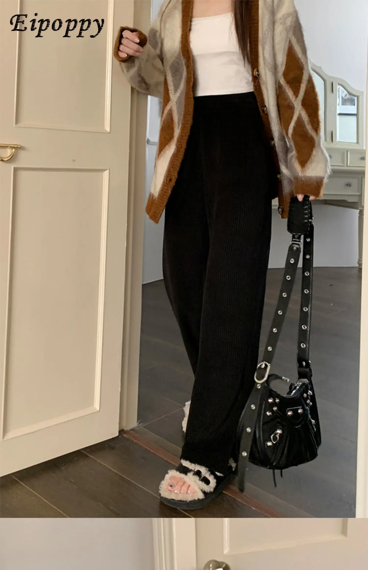 سراويل نسائية عالية الخصر سروال قصير بساق واسعة ، سراويل غير رسمية مبطنة بالصوف ، سراويل محبوكة ، الخريف والشتاء