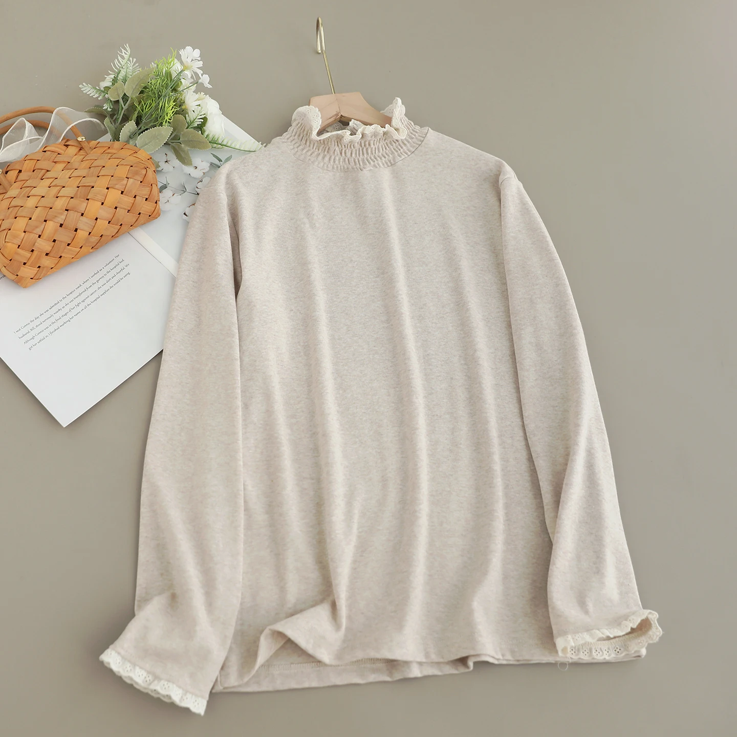 Japonês doce mori menina cor sólida camisetas de algodão feminino primavera outono gola alta manga longa casual solto pulôver camisas