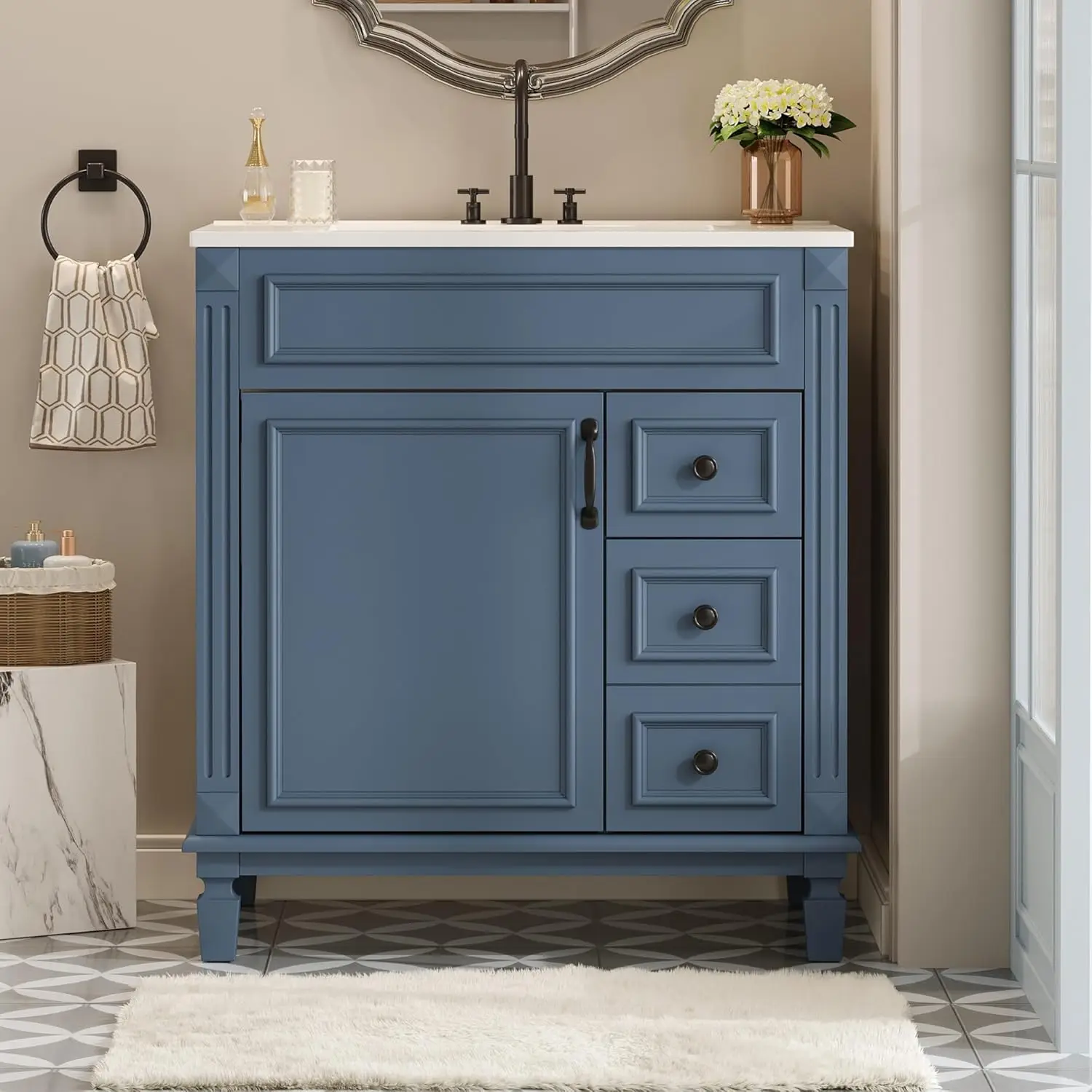 

Тумба для ванной 30 дюймов с раковиной, современный шкаф для хранения, одинарная раковина, одна дверца, два ящика, каркас из массива дерева, на заказ