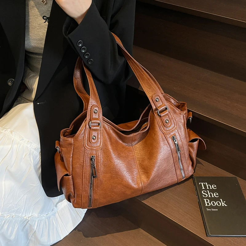 

Модная однотонная женская большая вместительная сумка-тоут из искусственной кожи для повседневных поездок на работу, винтажные дизайнерские сумки через плечо