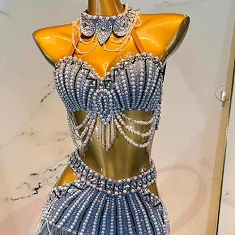 Robe de danse latine pour enfants et adultes, strass, haut de gamme, personnalisée, avec perles, jupe à franges, Tango, vêtements professionnels pour femmes