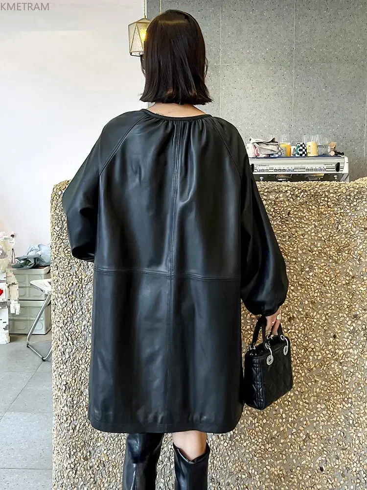 Genuine Leather Dresses for Women 2024 Spring Autumn Elegant Pure Sheepskin Black Dress O-neck Long Puff Sleeve robe femmes SGG