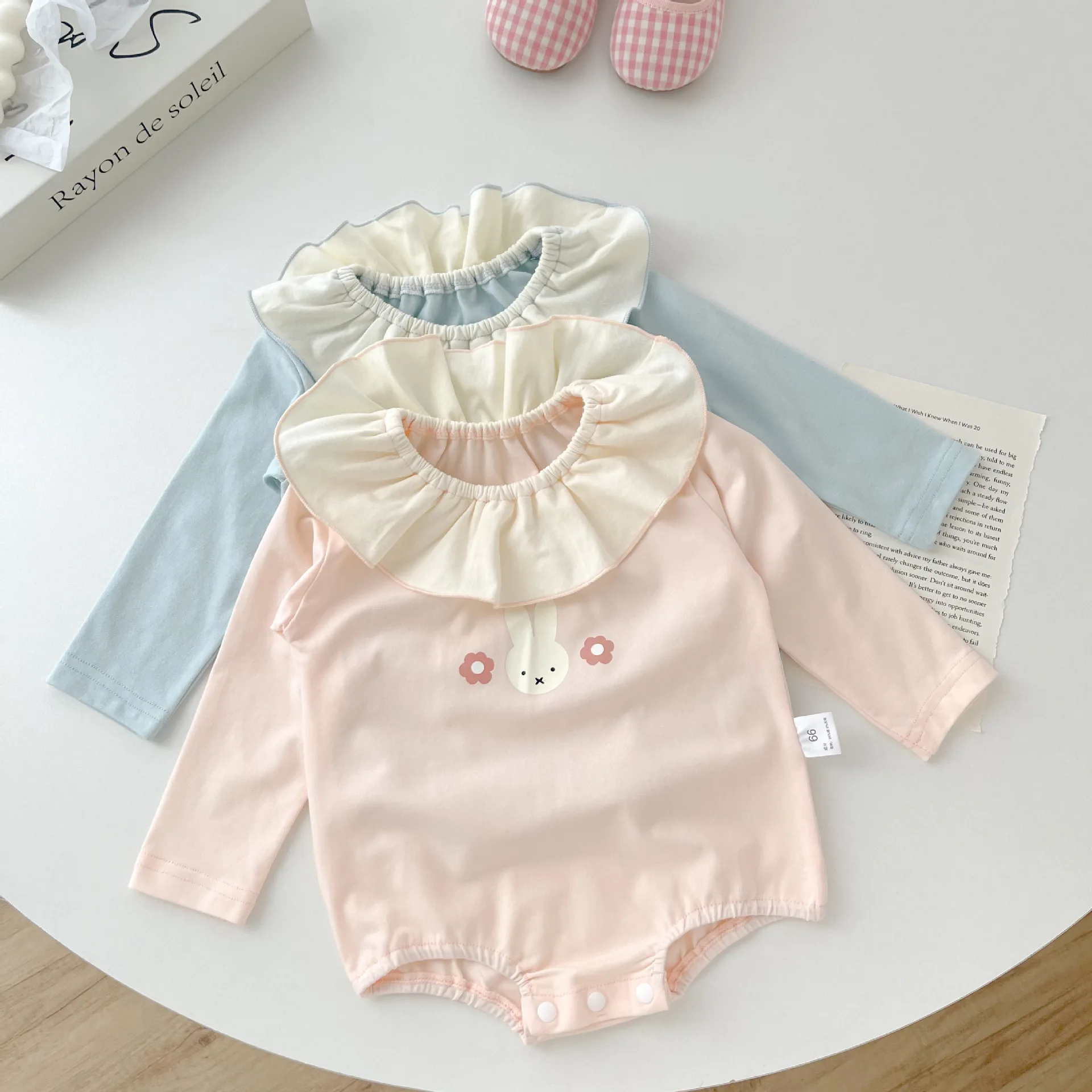 2024 Summer Ins Newborn Cartoon Rabbit Lotus Collar Short Sleeve Bodysuit Boy Girl Infant Fashion Cotton Onesie Kid Clothes