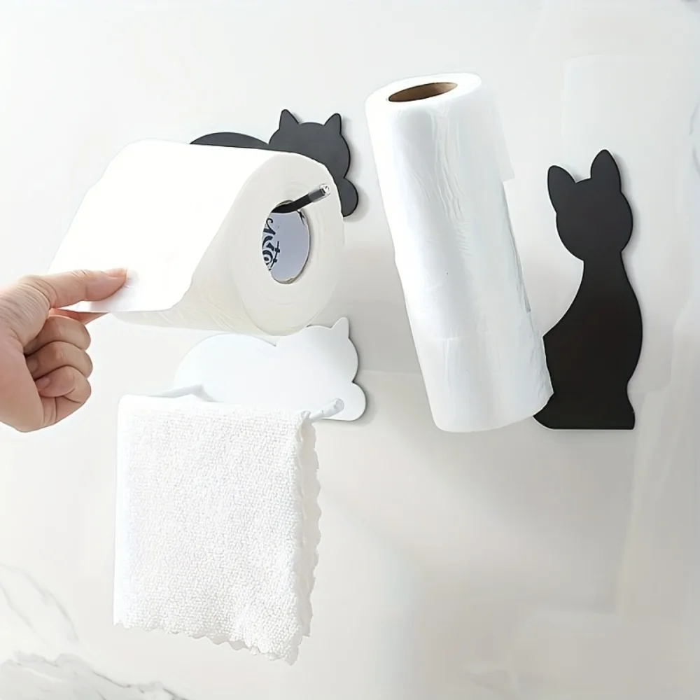 Cat Shaped Wall Mounted Toilet Paper Holder Stainless Steel Punch-Free Bathroom Kitchen Tissue Roll Dispenser Multi-Purpose 1PC - view 3