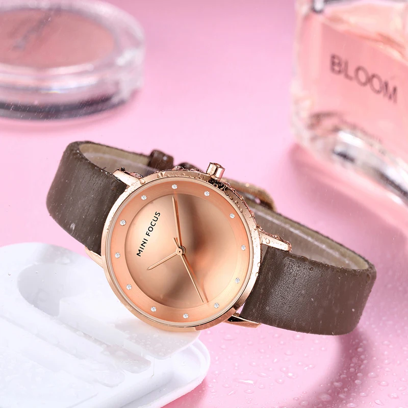 MINI FOCUS MF0332L Casual Women Wrist Watches Simple Design Brown Genuine Leather Strap Waterproof Female Quartz Watch
