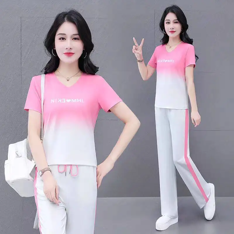 Summer Anti-Aging Casual Sportswear Set Women's Fashionable Slimming Short Sleeve High-Rise Two-Piece Set Moisture-Wicking Ic...