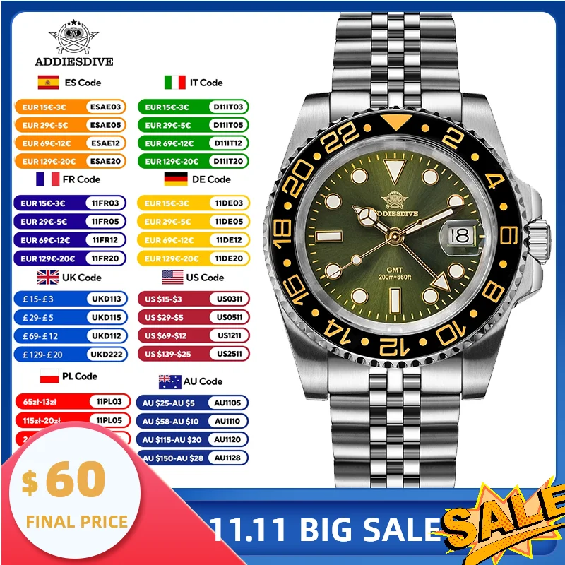 

ADDIESDIVE Luxury Watch for Men Waterproof GMT Watches Stainless Steel Luminous 20Bar Diver Man Quartz Wristwatches Reloj Hombre