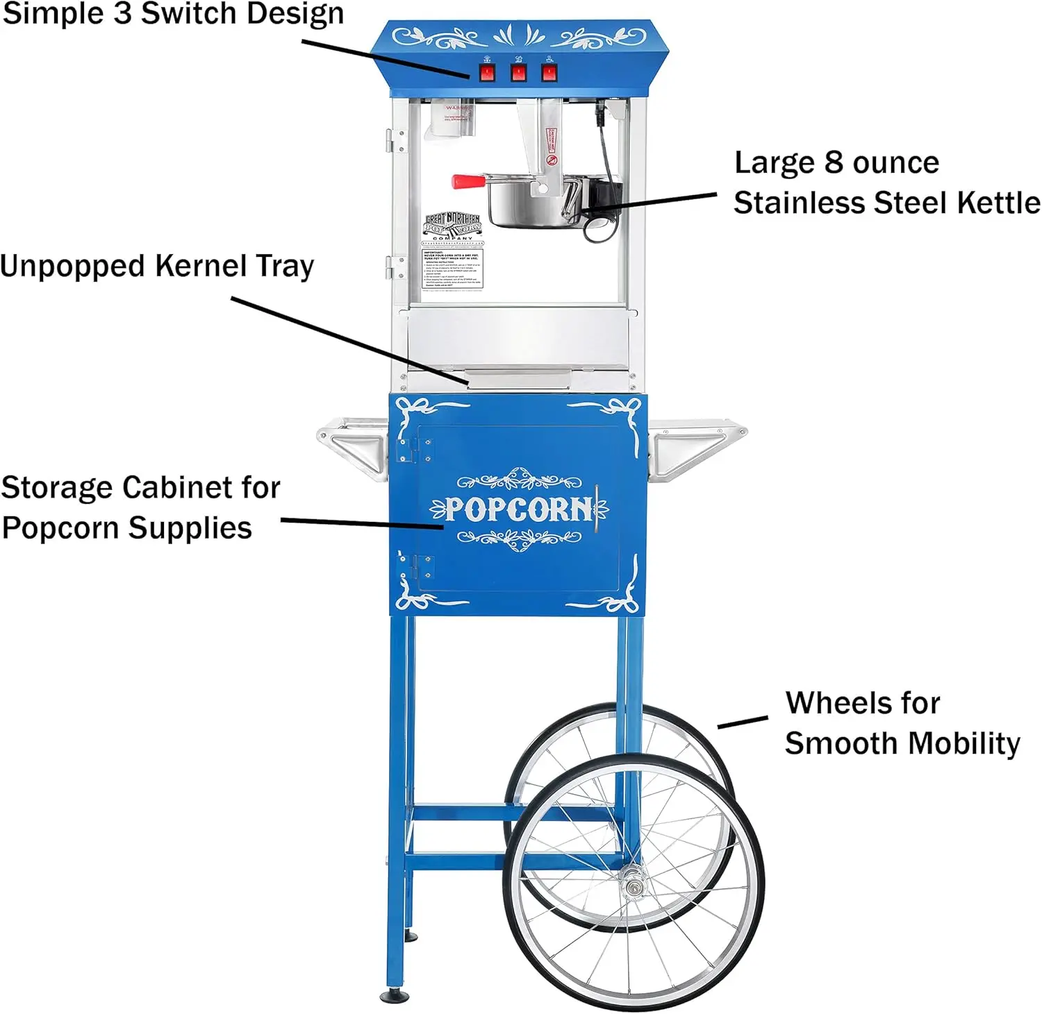 Máquina De Pipoca Com Chaleira De Aço Inoxidável, Aquecimento Leve, Azul, Carrinho, Popper 8oz