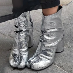 2024 Broken Mirror Silver Split Toe Tabi Shoes Genuine Leaher Ankle Boos for Women Luxury Brand Designer Chunky Heels Booties