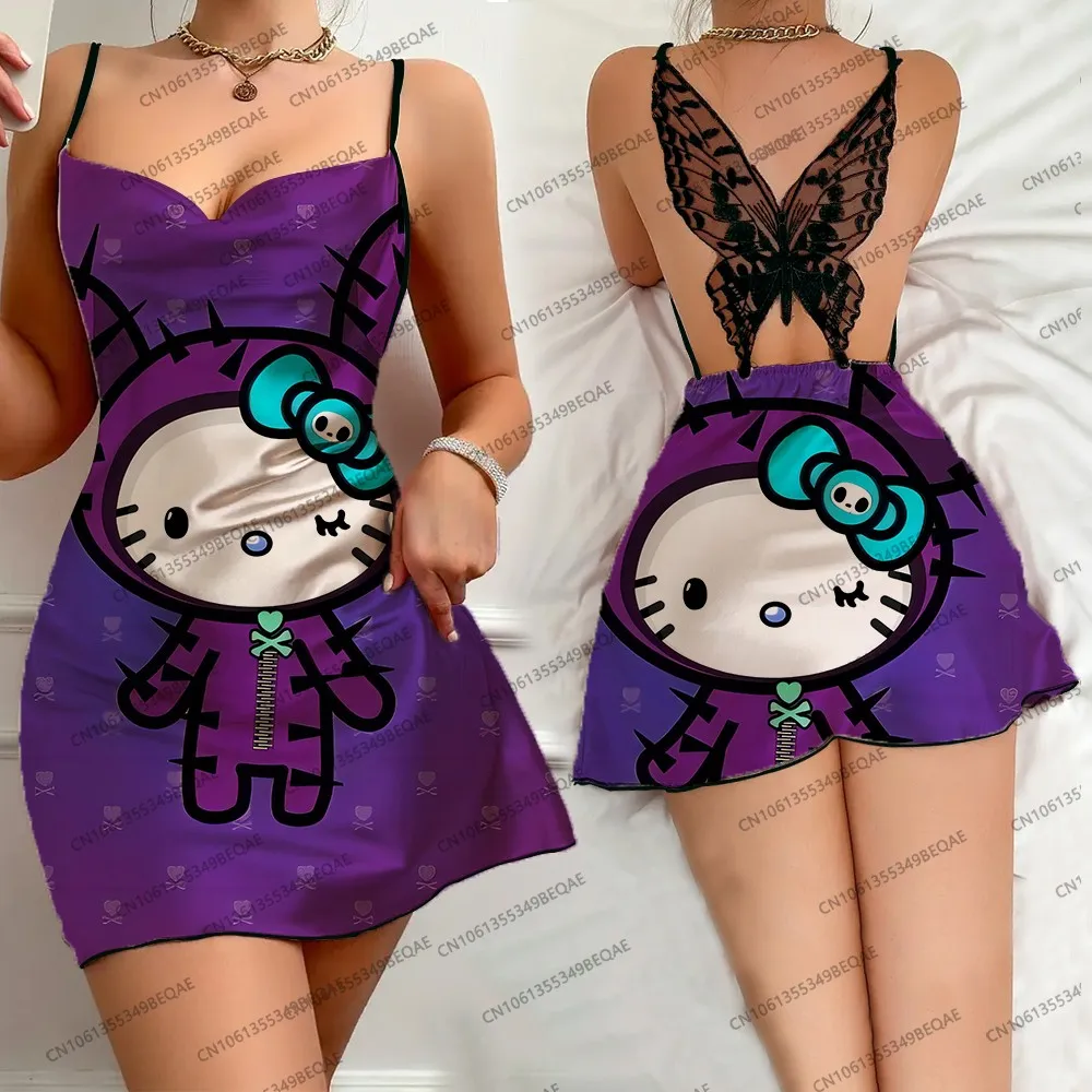 Summer Women's Sexy Backless Butterfly Lace Nightdress Hello Kitty Print Casual Crew Neck Fashion Comfort Suspender Pajamas