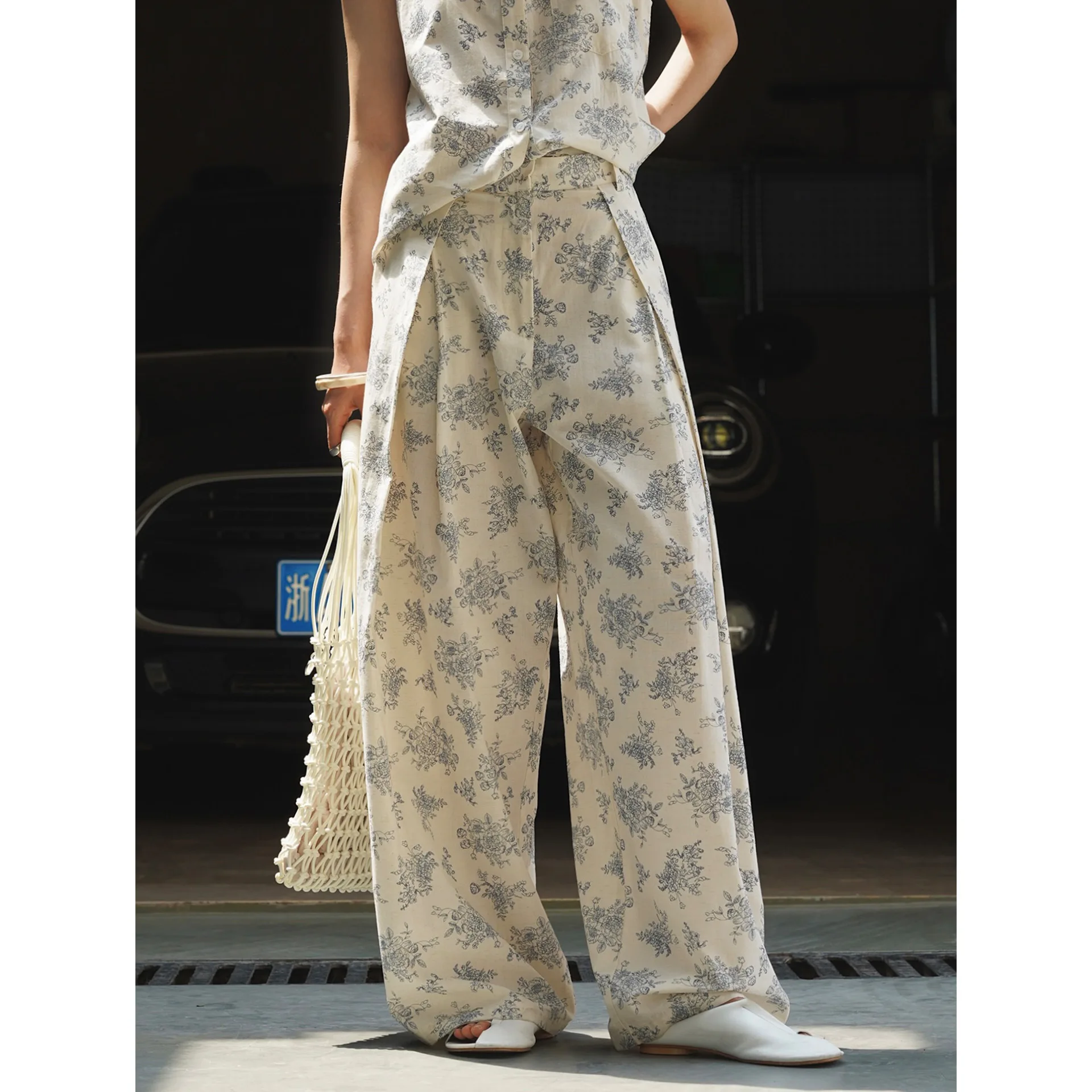 

Summer Plant-based Floral Printed Pleated Casual Long Cotton Linen Suit Pants