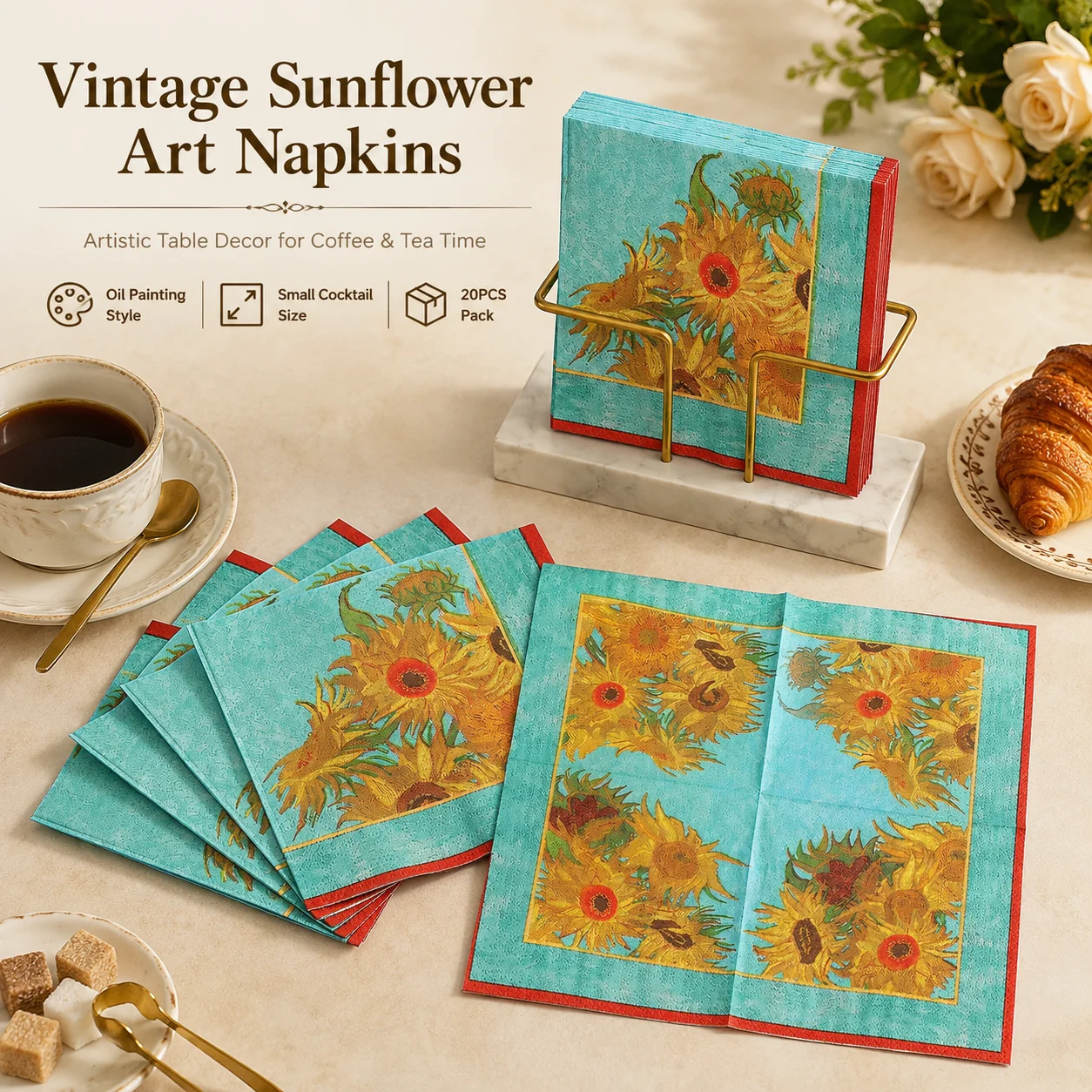 Vintage Sunflower Art Napkins 20Pcs Disposable Paper Napkins Small Cocktail Napkins for Coffee Tea Dessert Table Decor