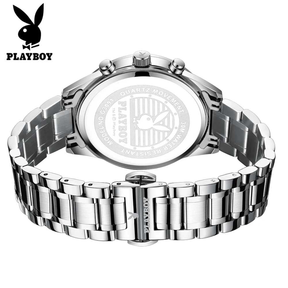 PLAYBOY 3091 Brand original authentic watches for man luxury Gift Box Steel band multifunctional quartz men's watch
