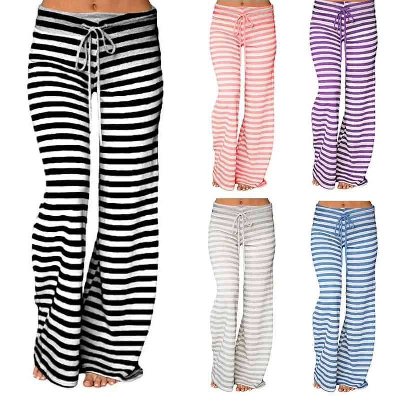 Fashionable Striped Wide-Legged Tie-Up High-Waisted Leggings For Women EBay Best Seller 2024 European And American Style