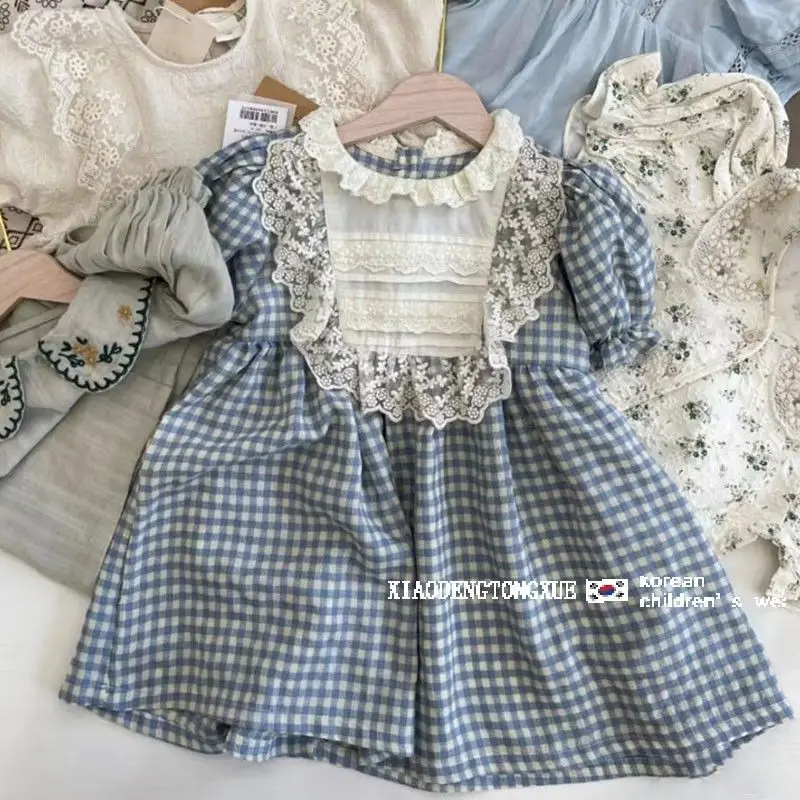 

Plaid Dress Casual Sweet and Cute Summer New Fashion Korean Blue Patchwork Lace Princess Dress Kids Clothes Girls