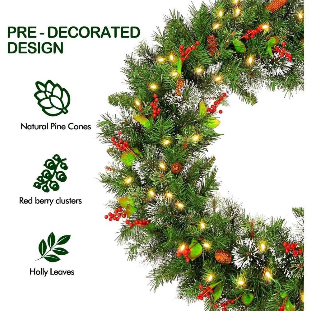 Artificial Christmas Wreath with 150 Warm White LED Lights, 289 Branch Tips, Battery Operated, 36 Inches, Wintry Pine Style