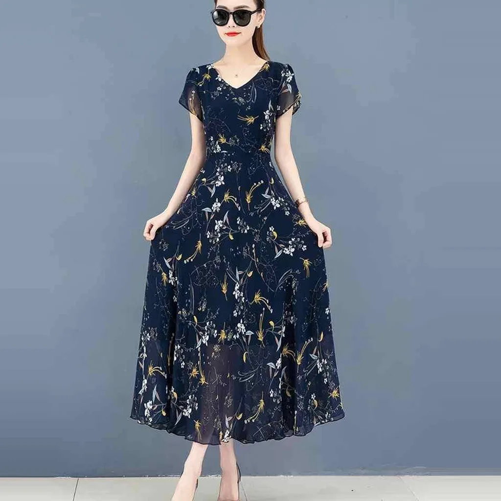 

Spring New Printing Ladies Clothes Fashion Casual 3/4 Sleeve Long Dress Women Summer Round Neck Bandage Vintage Floral Dress