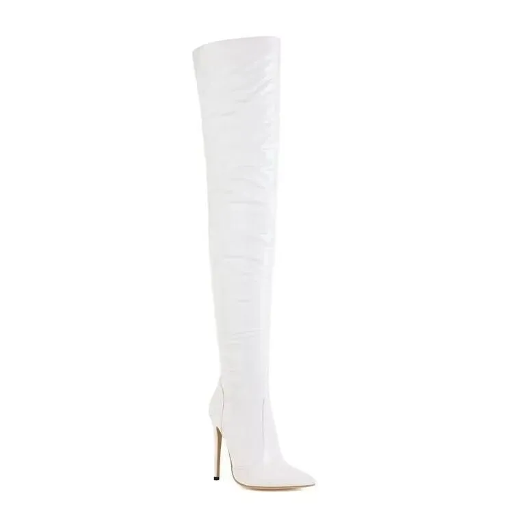 

Size 34-46 Women Sexy Stiletto Heels White Over The Knee Boots With Side Zip Winter Patent Leather Thigh High Boots