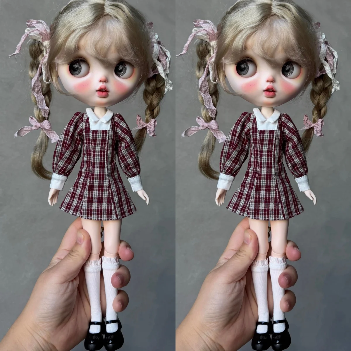 ชุดเดรสลายสก็อตสีแดงสไตล์เรโทร แขนยาว สำหรับตุ๊กตาบลายธ์ 30 ซม. 19 ข้อต่อ  ชุดเดรสสำหรับตุ๊กตาบลายธ์และอะโซน