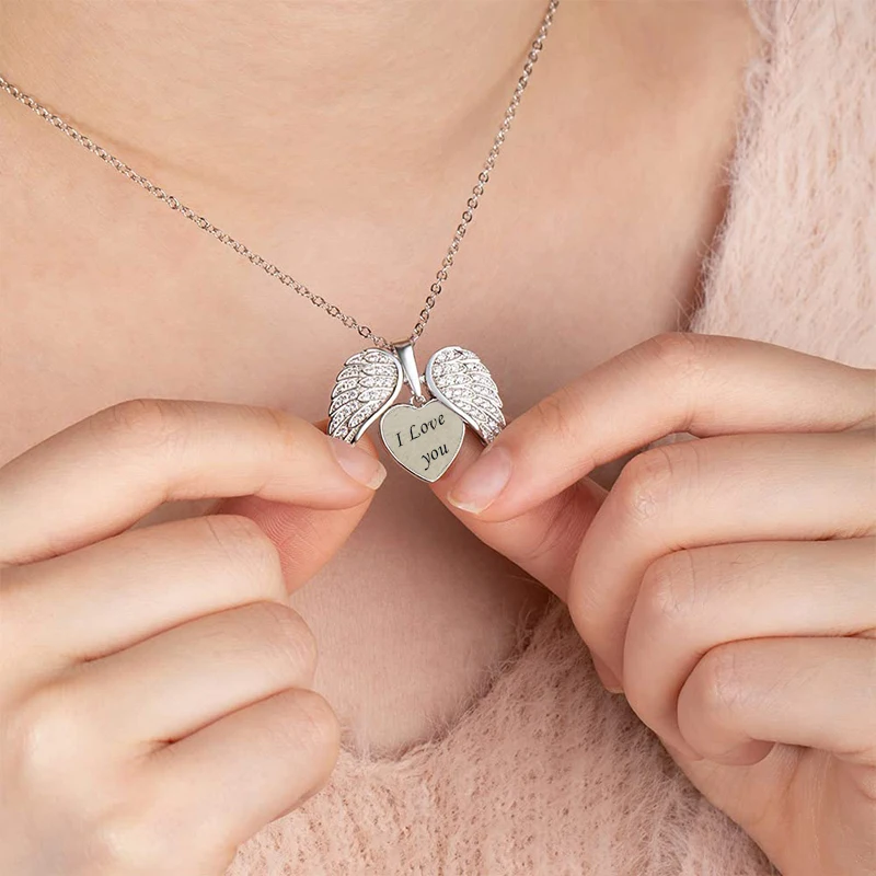 Custom Text Angel Wings Locket Necklace for Women Angel Wing Heart Pendant Necklace for Her engrave word Jewelry Memorial Gifts