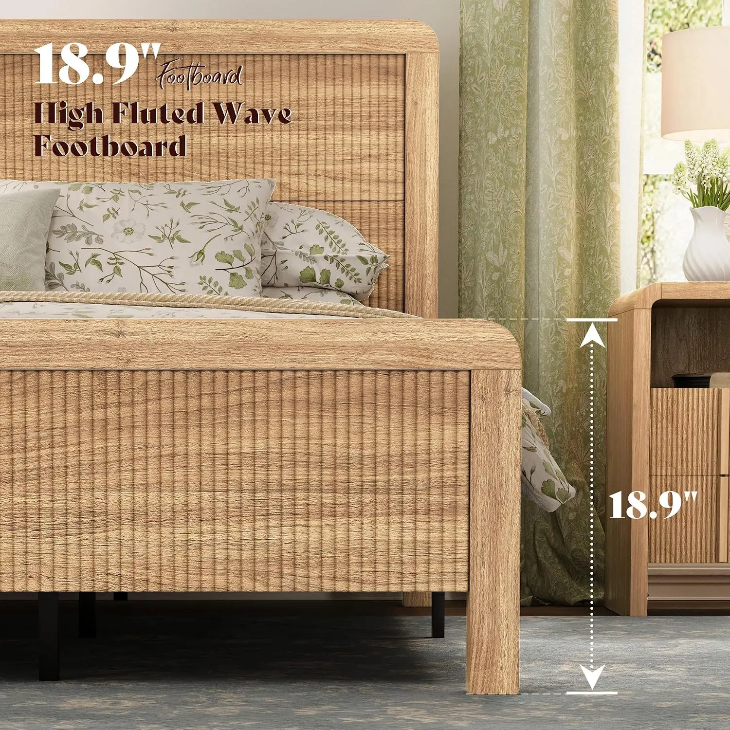 Wood King Size Bed Frame with Headboard & Footboard, Modern Fluted Wooden Platform Bedframe with Rounded Safety Edges,Custom view 5