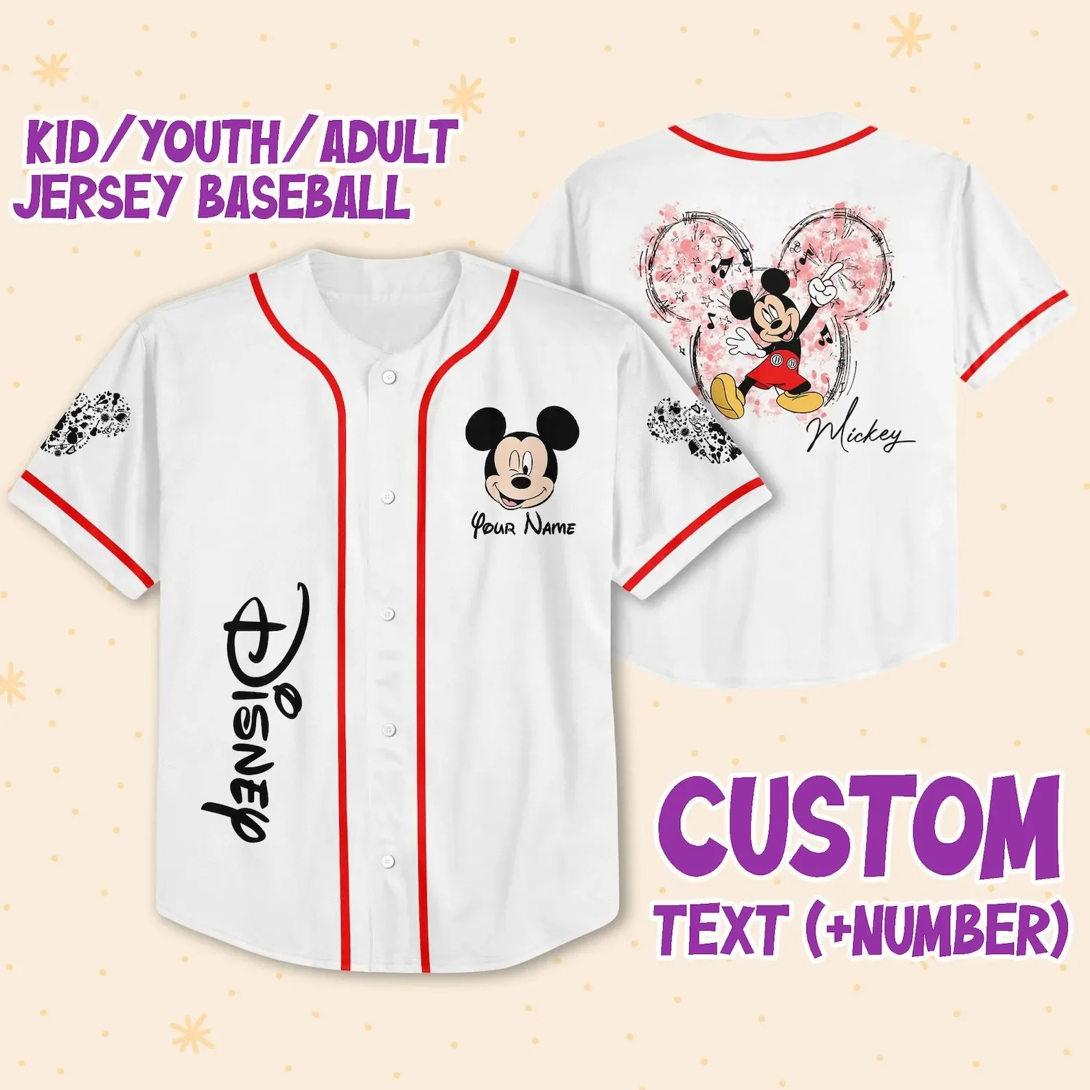 Free Personalized Disney Mickey Mouse Baseball Jersey Sportswear Men Women Kids Baseball Jersey Summer Short Sleeve Casual Shirt