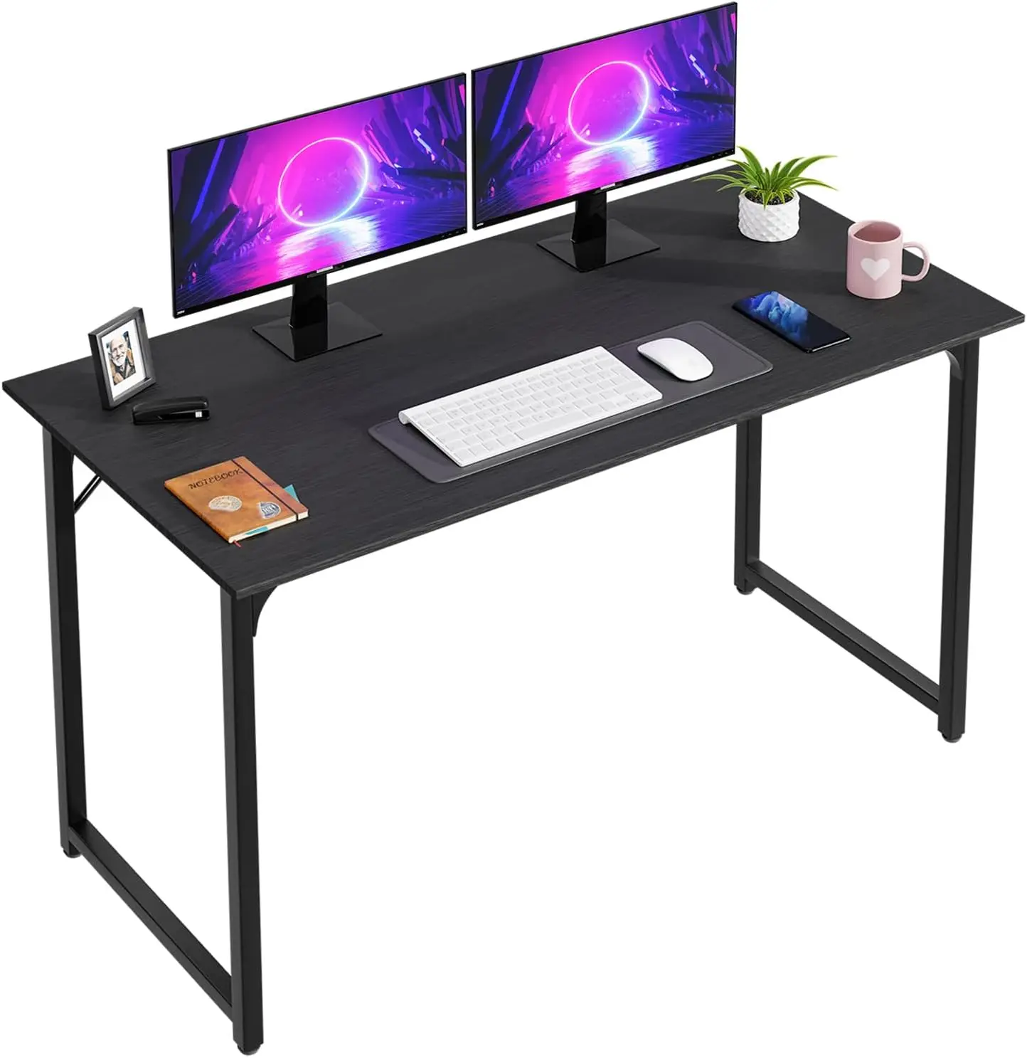 

47-Inch Black Office Desk with Metal Frame, Adjustable Feet, Water-Resistant Surface - Sturdy for Home or Study