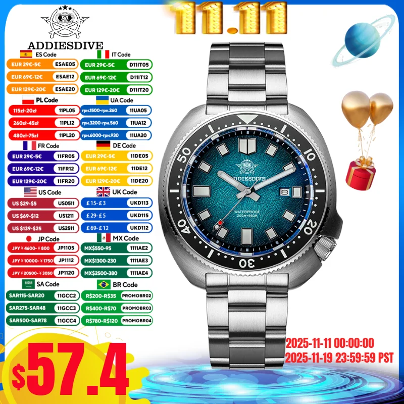 ADDIESDIVE Orologio Da Uomo reloj hombre Vetro Zaffiro BGW9 Super Luminoso 20Bar Impermeabile Relogio Masculino Orologio Al Quarzo AD2511