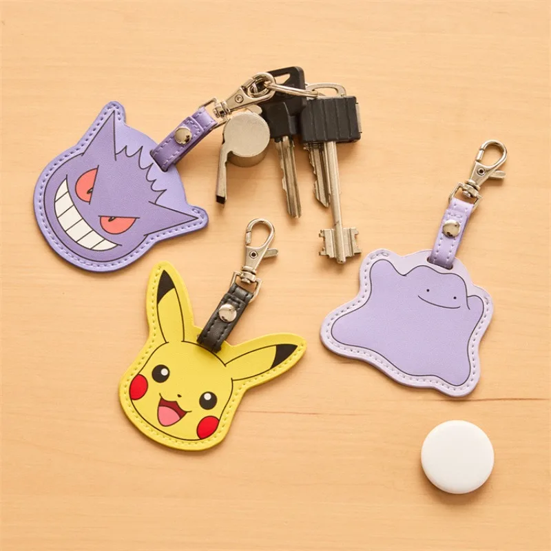 

Cartoon Pikachu Gengar Keychain PU Leather Keyring for Airtags Protective Case Door Lock Access Tags ID Card Case Key Tag Ring