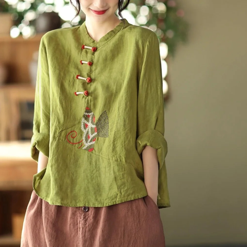 

2023 Chinese Style Shirt plus size 3XL Traditional Clothing for Women Linen Embroidery Tops Female Retro Loose Hanfu Blouse