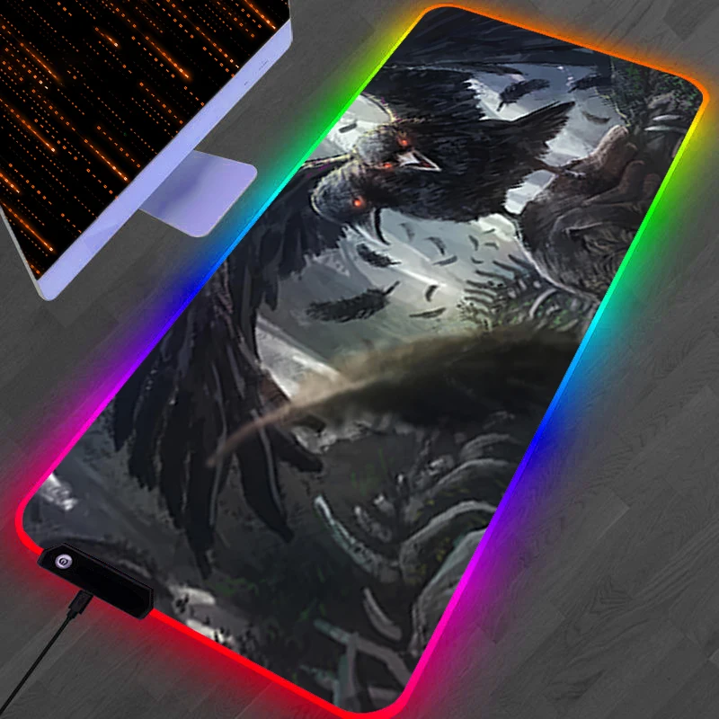 RGB LED Mouse Pad Laptop Rubber Extended Pad Desk Mouse Mat Computer Gamer Cartoon HD Mousepad PC Accessories Crow Keyboard Pad