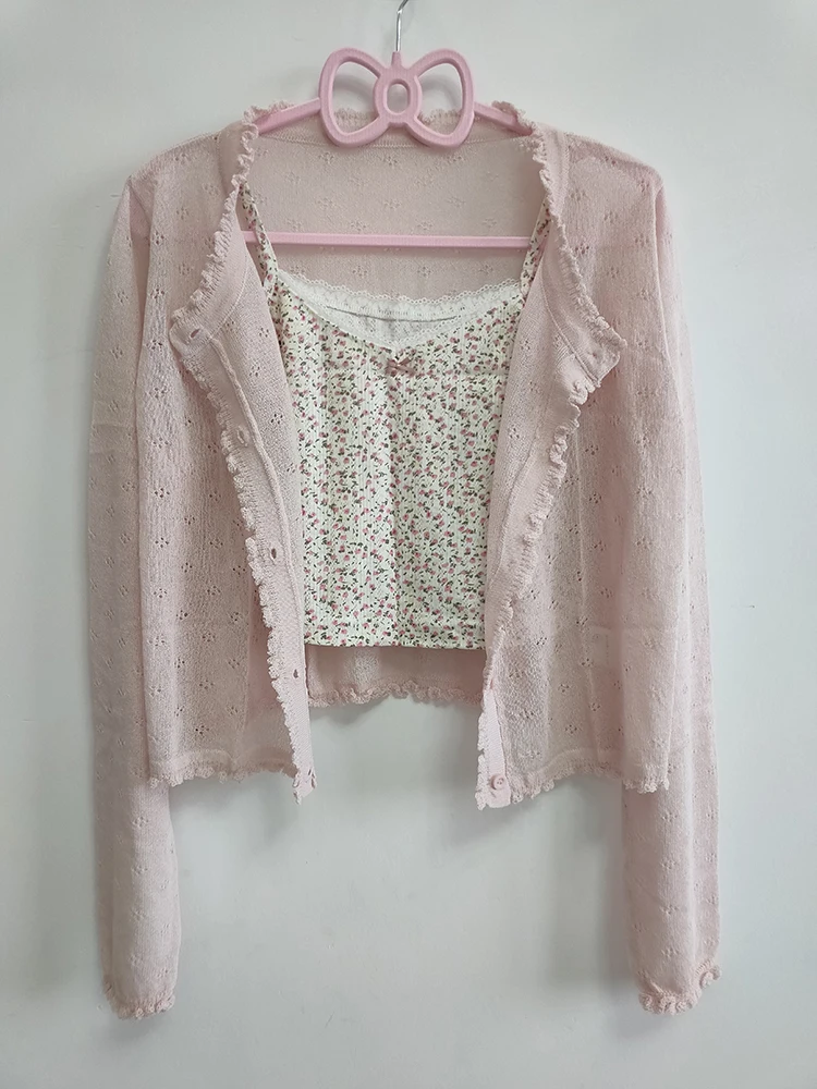 Süße 2 Stück Tops Frauen Sommer Cardigans und Crop Tops für süße Mädchen Blumen druck Croped Kawaii Kleidung