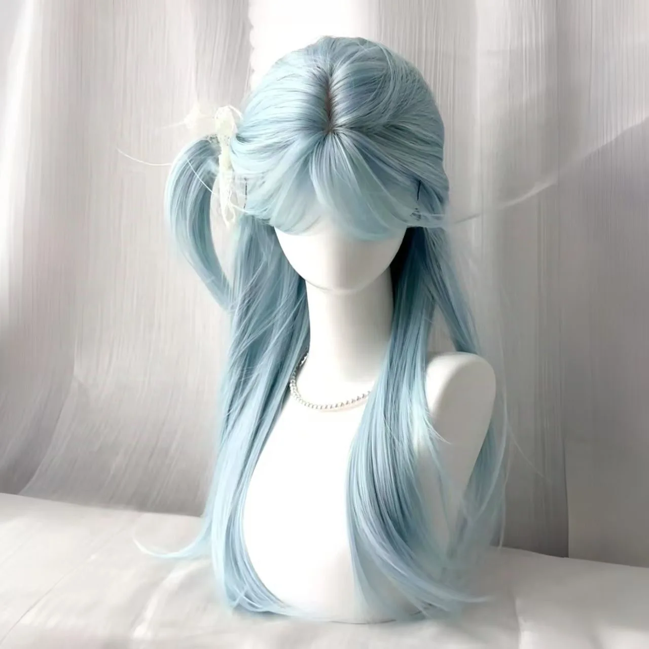 

Синтетические женские волосы молочно-голубого цвета, новый стиль весна-лето, с челкой, натуральные, длинные, прямые.