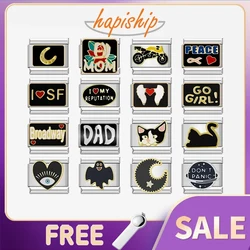 Hapiship-Liens de charme italiens pour femmes, coeur noir, chat, lune, convient au bracelet en acier inoxydable de 9mm, bijoux de direction, ZH006, mode 2024