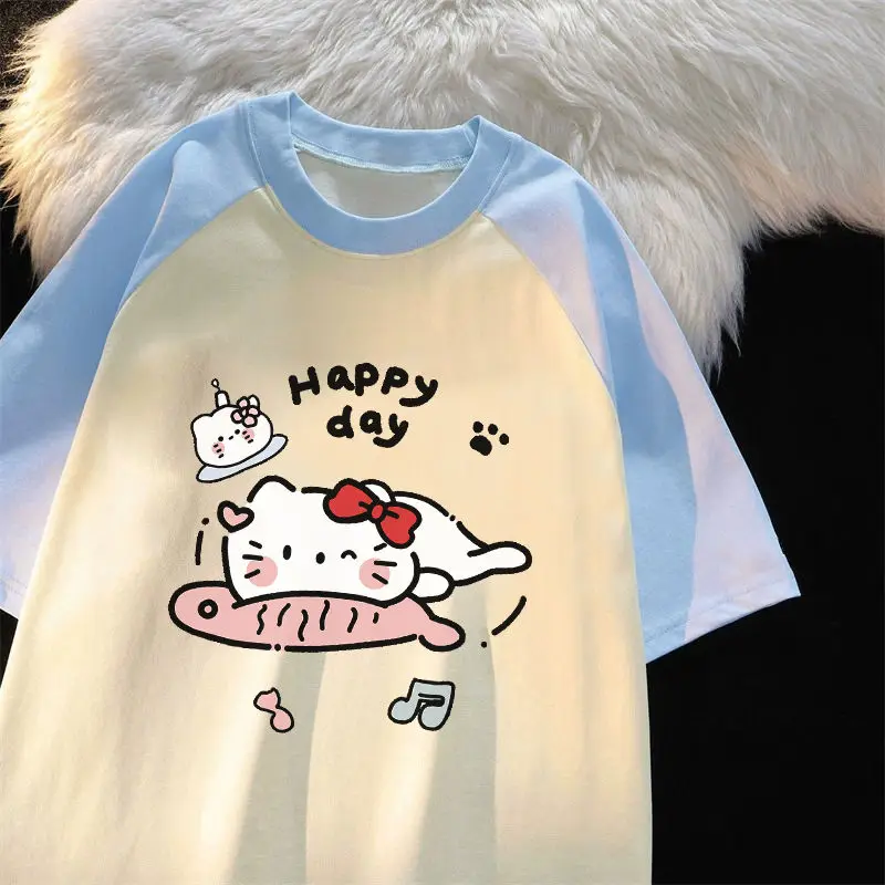 Sanrio เสื้อยืดแขนสั้นคอตตอนแท้สำหรับฤดูร้อนใหม่เสื้อลายการ์ตูนเสื้อแร็กแลนสีตัดกันน่ารักแบบหลวมสำหรับผู้หญิงของขวัญ