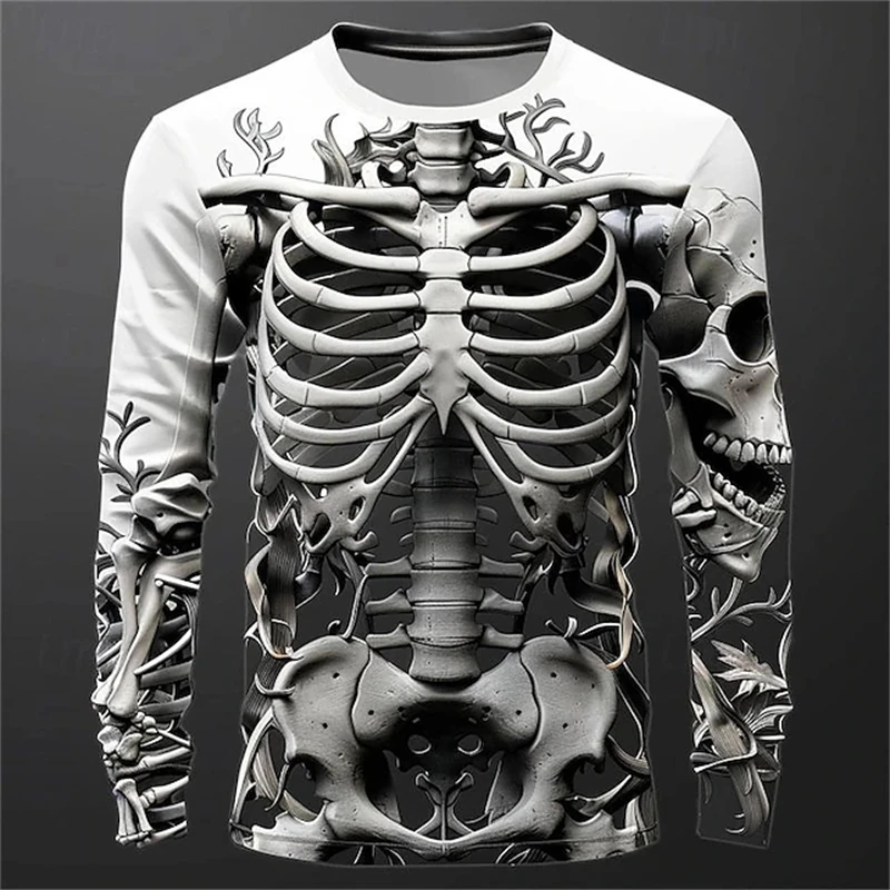 3D Print Skeleton Skulls Pattern T Shirts Men Long Sleeve Casual Fashion T-shirt Top Sweatshirt Breathable Streetwear Loose Tees