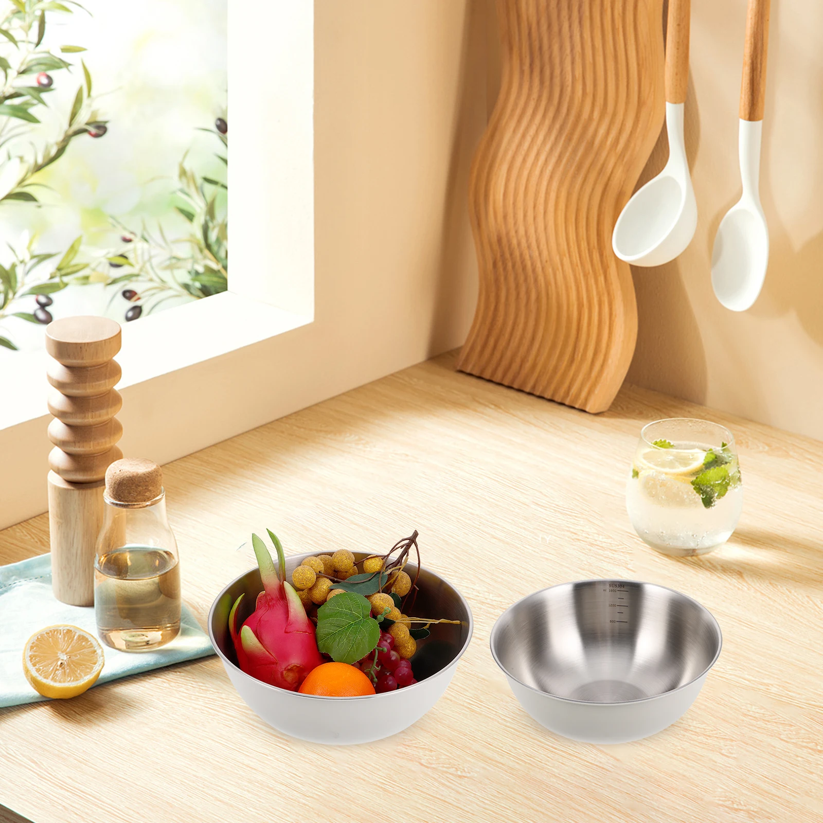 

2Pcs Stainless Steel Kitchen Bowls Food Grade 304 Mixing Bowls Multifunctional Washing Cooking Prep Bowls for Family Use