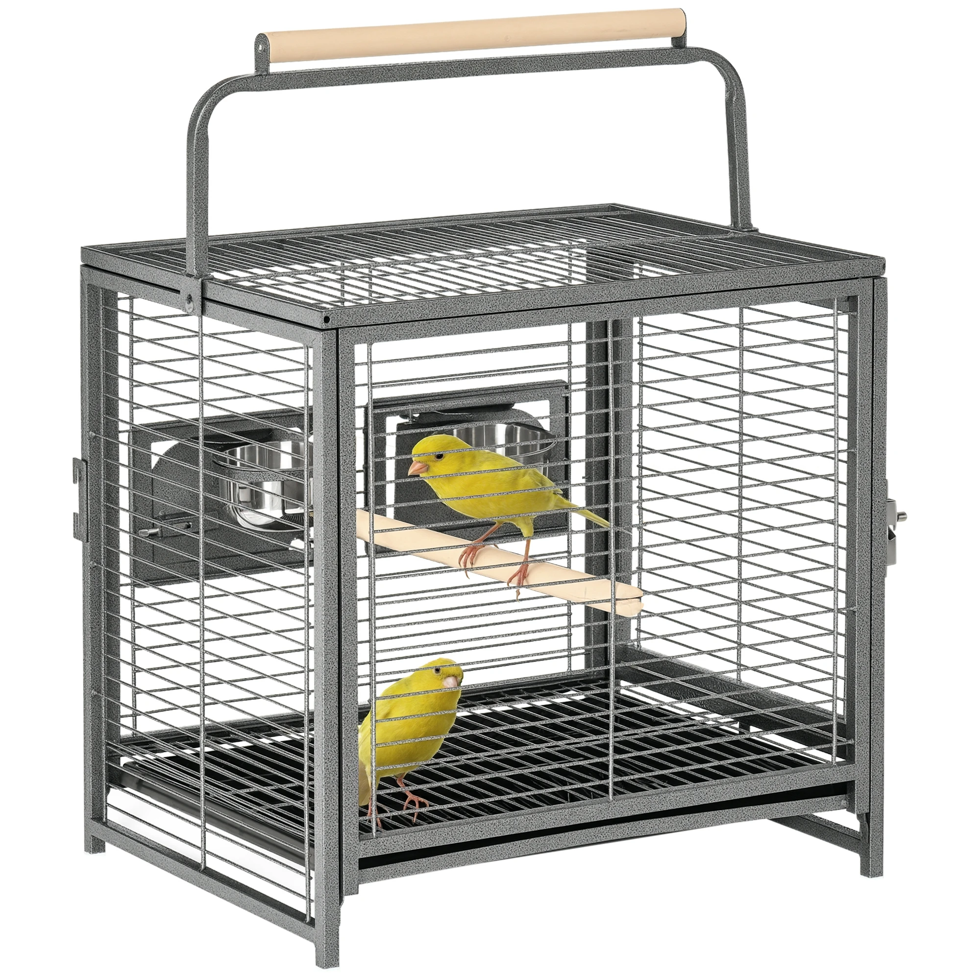 Pawhut Draagbare Vogelkooi met 2 Houten Zitstokken, 2 Voerbakken en Verwijderbare Bak 48X38X47,8 cm Zwart