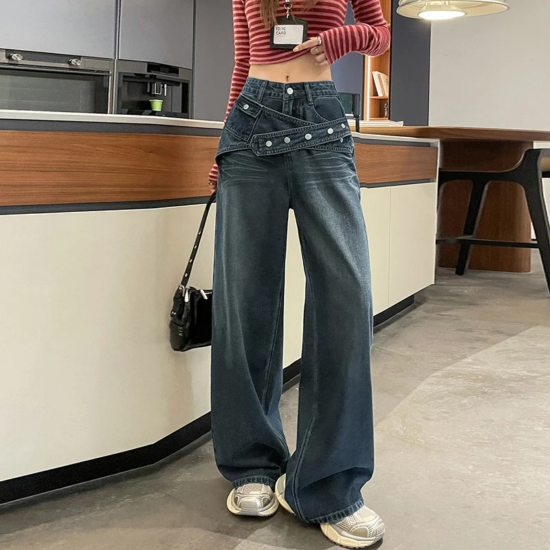Wide Leg Jeans for Women Irregular Double Waistband Denim Pants for Autumn Winter Ladies Female Loose Streetwear Casual Jeans