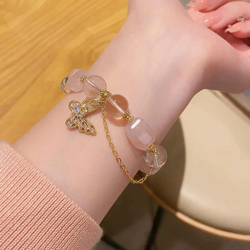 Sweet fresh fairy style light luxury shaped Madagascar pink white crystal bracelet Lady gentle temperament butterfly pen