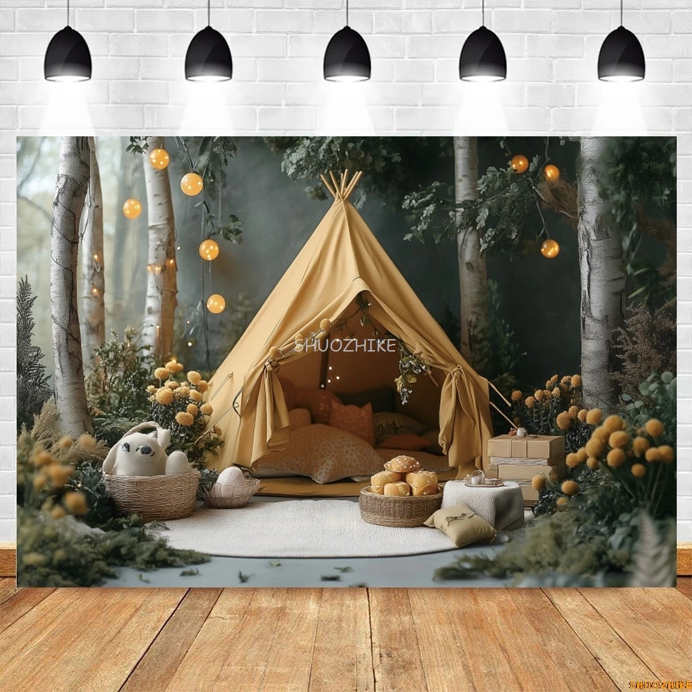 Весенний кемпинг лес палатка фон для фотосъемки открытый день рождения праздник путешествия фон для фотосессии Декор фотостудия