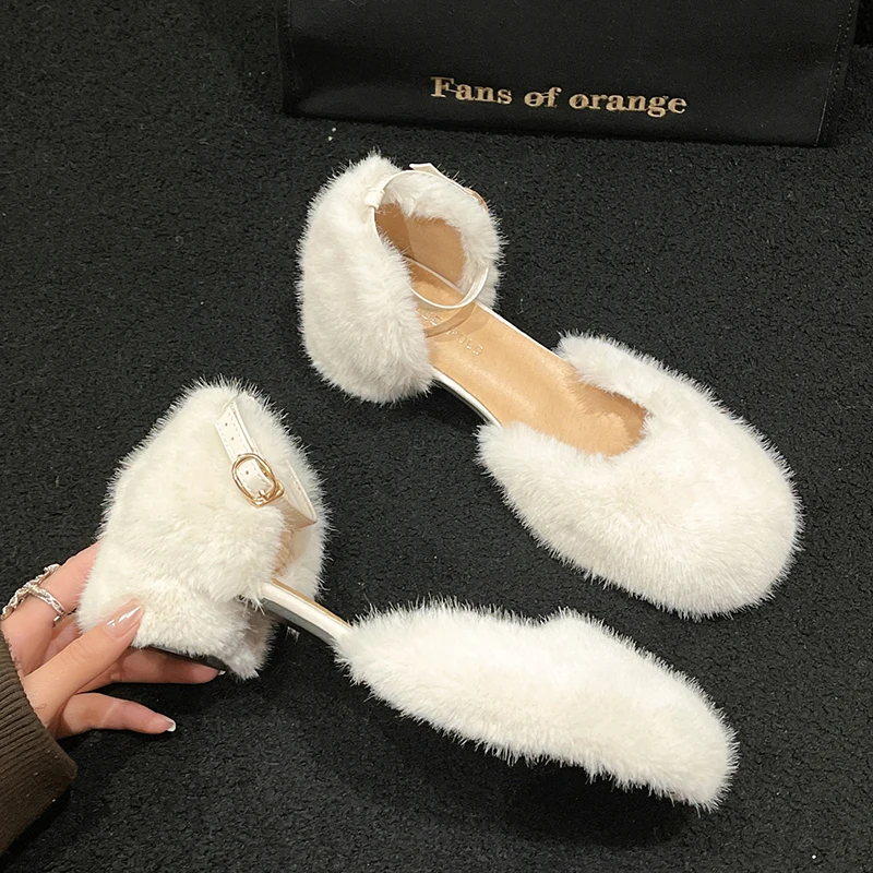 Luxury Manmade Mink Fur Sandals Woman Elegant White Furry Ankle Strap Pumps Ladies Evening Party High Heel Plush Dress Shoes