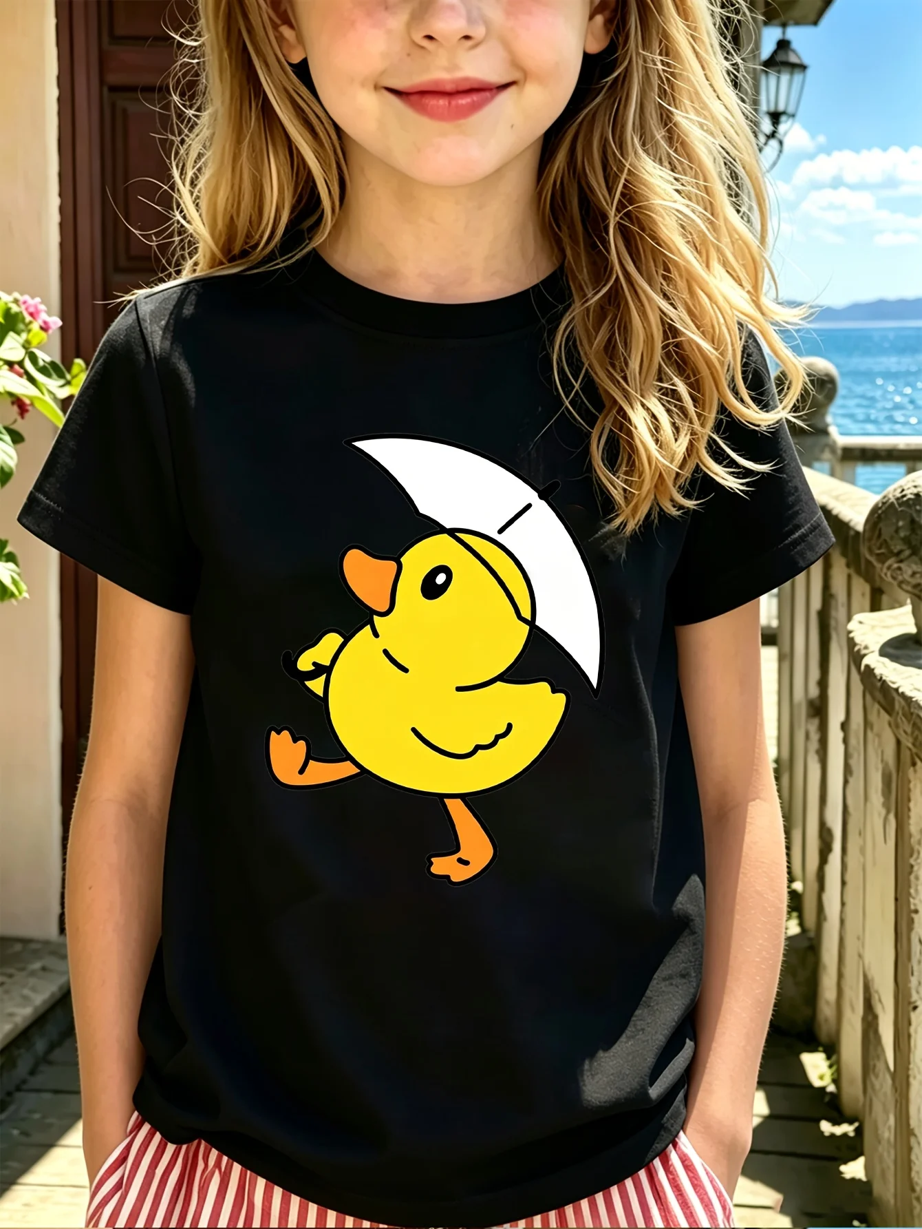 Cute Yellow Duck Holding Umbrella Cartoon Graphic Family Matching T Shirt Boys Girls Short Sleeve Summer Crew Neck Casual Tops