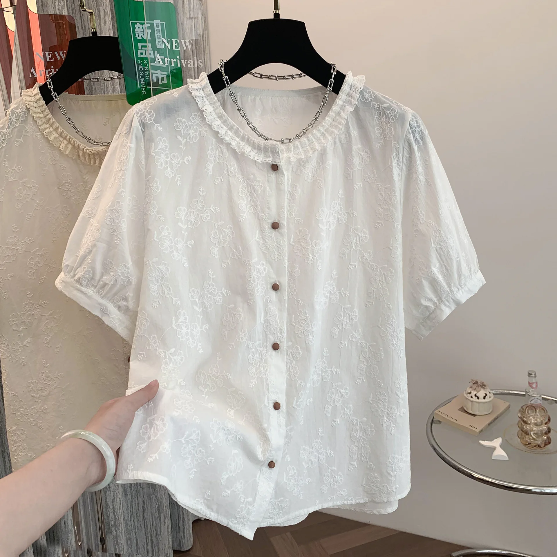 ใหม่2025ฤดูร้อนผ้าฝ้ายแขนสั้นเสื้อผู้หญิงRuffledเย็บปักถักร้อย, MoriสาวRetro Retroเสื้อหลวมๆสบายๆT55650CC