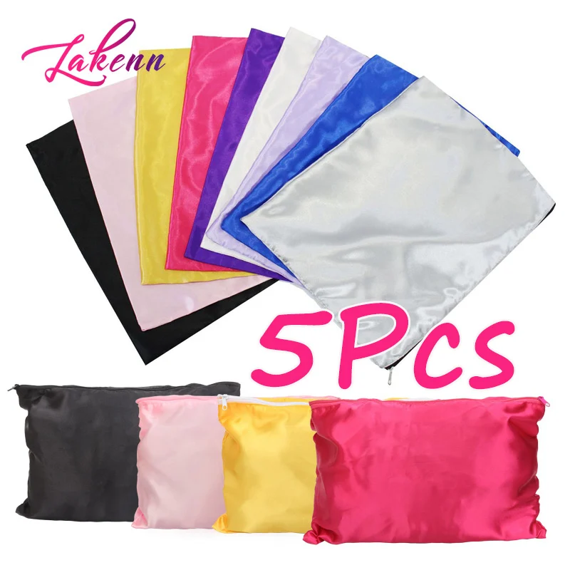 Silk Satin Bags With Zipper 5Pcs Hair Packaging Bags For Bundles Soft Silky Pouches Hair Tools Storage Wigs Bags Home Travel Use