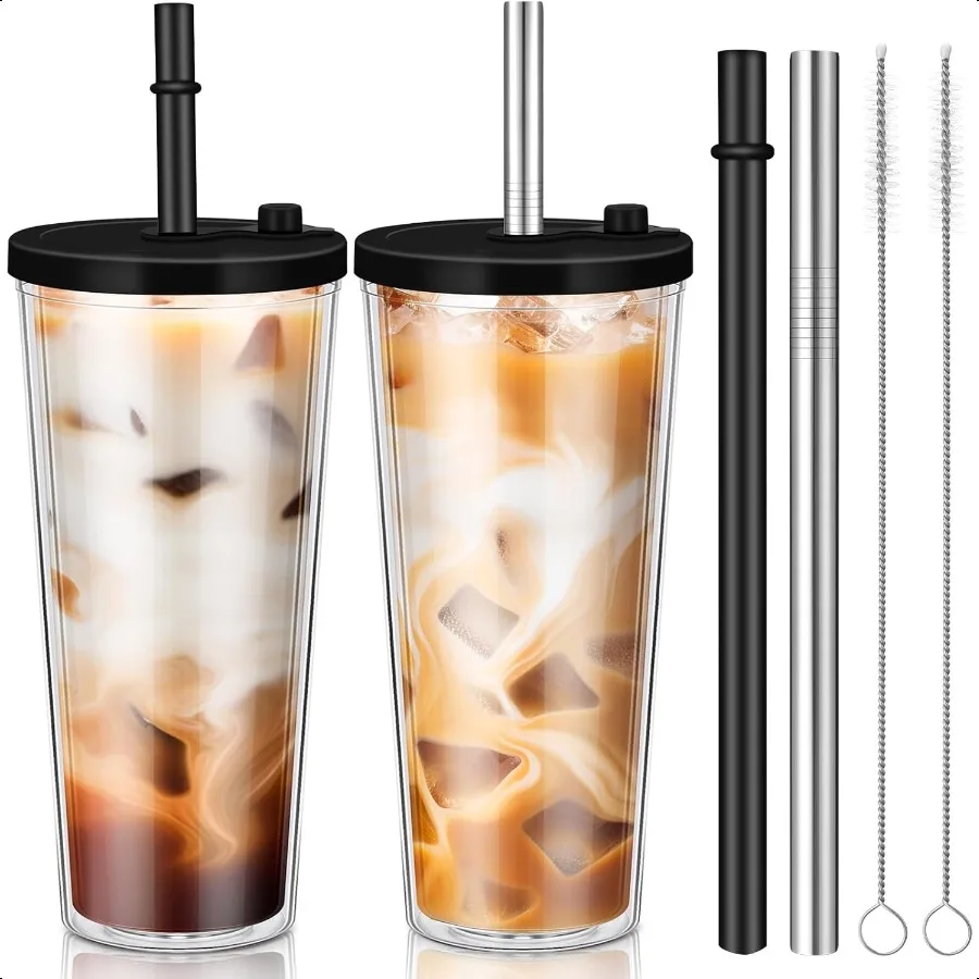 

2 Pack 24 oz Reusable Iced Coffee Cups with Lids Leakproof Double Wall Insulated Clear Plastic Iced Coffee Tumblers with 2 Stra