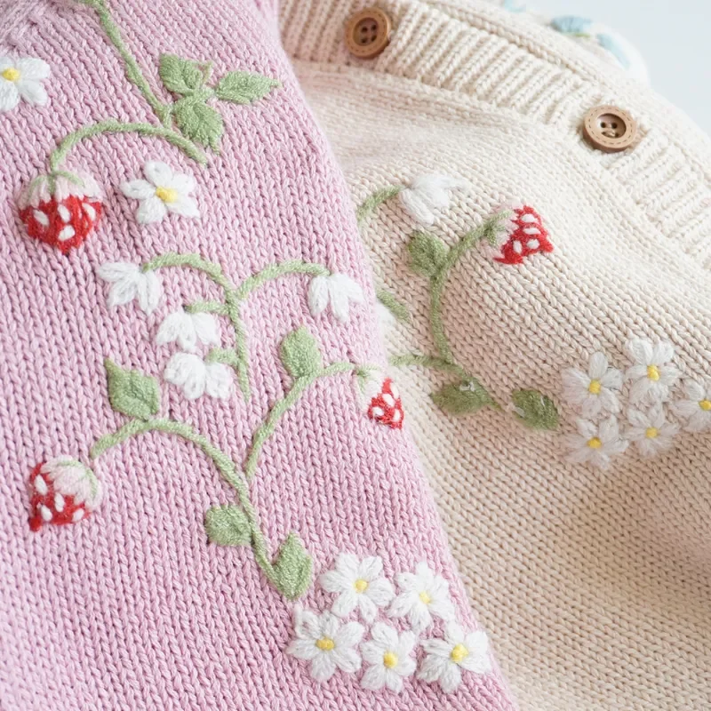 2023 Autumn Kids Sweater Cute Flowers embroidery Girls Knitted Cardigan Baby Girl strawberry Coats