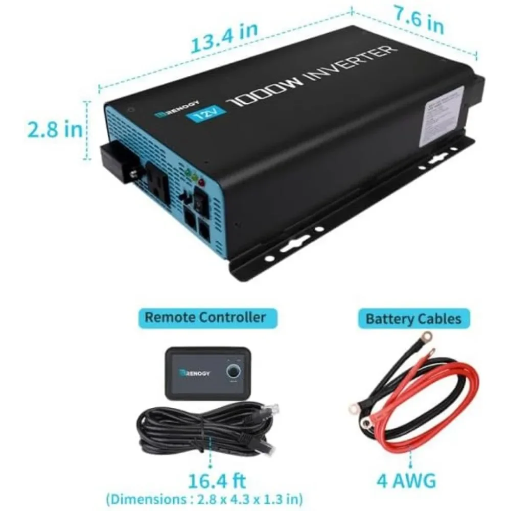 Inverter a onda sinusoidale pura Renogy 1000W con modalità ECO, convertitore da 12V cc a ca 120V 110V per sistema solare Off-Grid, casa, camper,