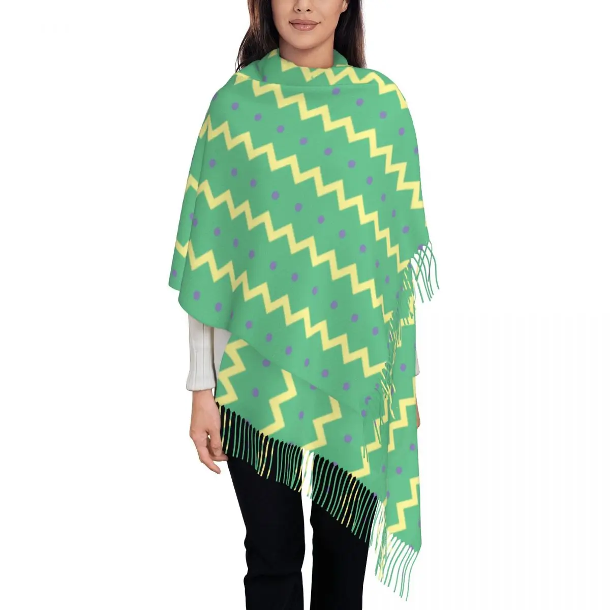 Zigzag Chevron Dots Pattern Pastel Scarf Wrap Women Long Winter Fall Warm Tassel Shawl Unisex Scarves